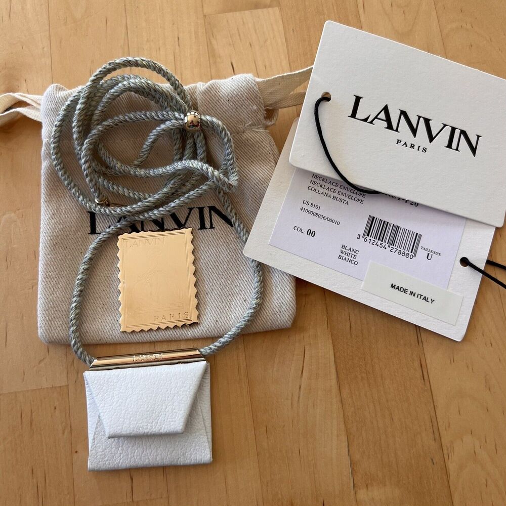 Lanvin White Leather Envelope Necklace Gold Plated Brass Stamp Adjustable - Picture 2 of 10